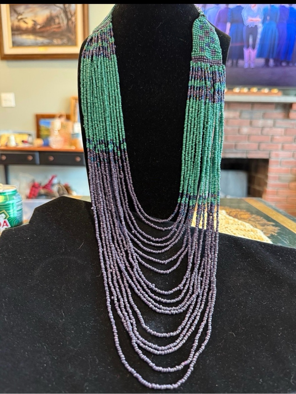 Handcrafted Green and Purple Seed Bead Multi-Strand Necklace